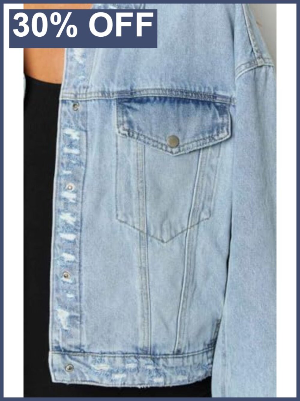 Oversized Distressed Denim Jacket Collared Button Down - Picture 5 of 5